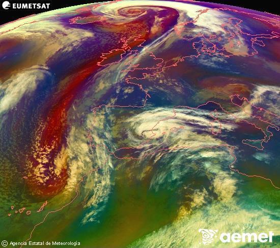 Composition RGB dans laquelle se m�langent diff�rents canaux du satellite Meteosat operational in 0�N 0�W, l'informaci�n des caract�ristiques sur les masses d'air et les nuages.&nbsp;mardi, 3 mars  2026 00:00