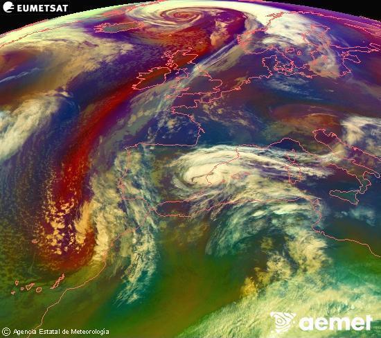 Composition RGB dans laquelle se m�langent diff�rents canaux du satellite Meteosat operational in 0�N 0�W, l'informaci�n des caract�ristiques sur les masses d'air et les nuages.&nbsp;mardi, 3 mars  2026 01:00