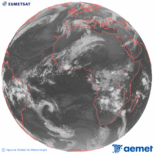 Imagen global del canal infrarrojo (10.8 &mu;m) del sat�lite Meteosat, perteneciente a la serie MSG (Meteosat Segunda Generaci�n) y situado en 0�N 0�E.&nbsp;dimarts, 3 de mar�  2026 01:00