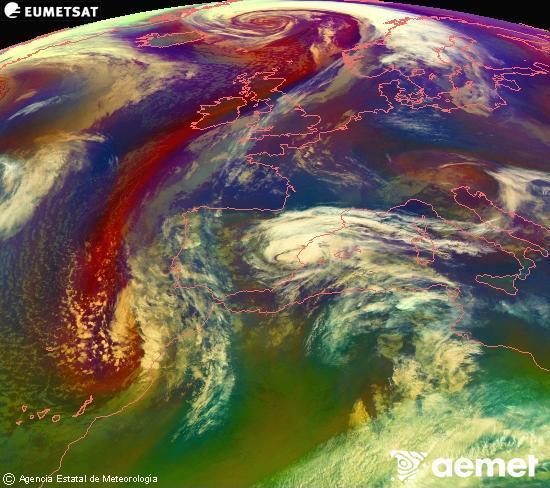 Composition RGB dans laquelle se m�langent diff�rents canaux du satellite Meteosat operational in 0�N 0�W, l'informaci�n des caract�ristiques sur les masses d'air et les nuages.&nbsp;mardi, 3 mars  2026 02:00