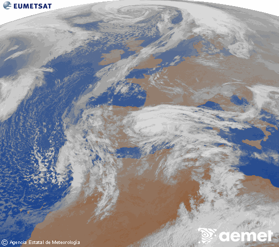 Imagen de la zona de Europa y Norte de �frica del canal infrarrojo del sat�lite Meteosat operacional en 0�N 0�W, procesada para darle color.&nbsp;martes, 03 marzo 2026 a las 02:00