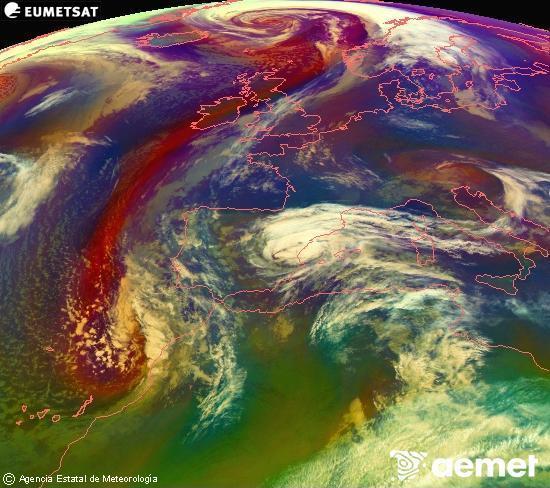 Composition RGB dans laquelle se m�langent diff�rents canaux du satellite Meteosat operational in 0�N 0�W, l'informaci�n des caract�ristiques sur les masses d'air et les nuages.&nbsp;mardi, 3 mars  2026 03:00