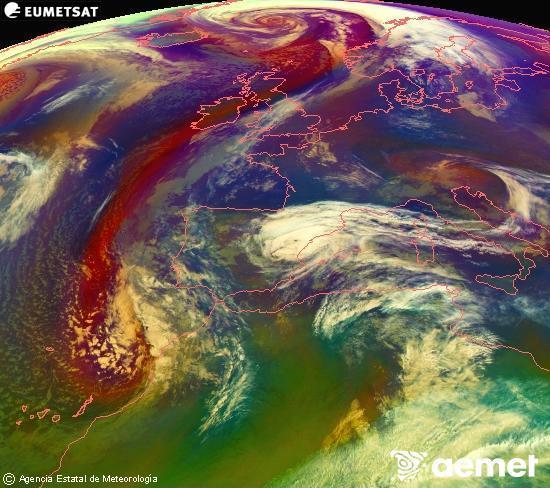 Composition RGB dans laquelle se m�langent diff�rents canaux du satellite Meteosat operational in 0�N 0�W, l'informaci�n des caract�ristiques sur les masses d'air et les nuages.&nbsp;mardi, 3 mars  2026 04:00