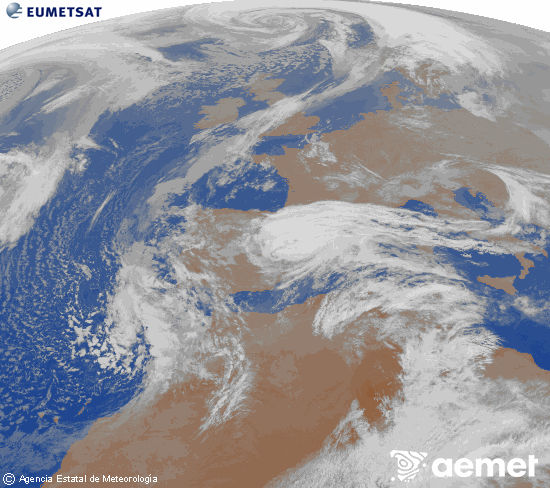 Imagen de la zona de Europa y Norte de �frica del canal infrarrojo del sat�lite Meteosat operacional en 0�N 0�W, procesada para darle color.&nbsp;martes, 03 marzo 2026 a las 04:00
