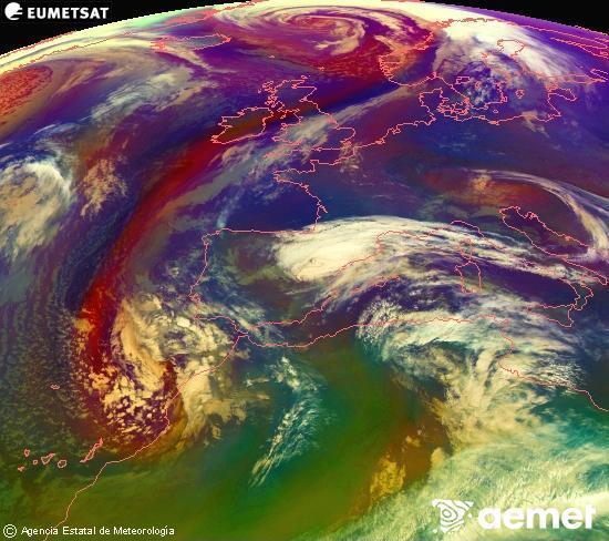 Composition RGB dans laquelle se m�langent diff�rents canaux du satellite Meteosat operational in 0�N 0�W, l'informaci�n des caract�ristiques sur les masses d'air et les nuages.&nbsp;mardi, 3 mars  2026 07:00