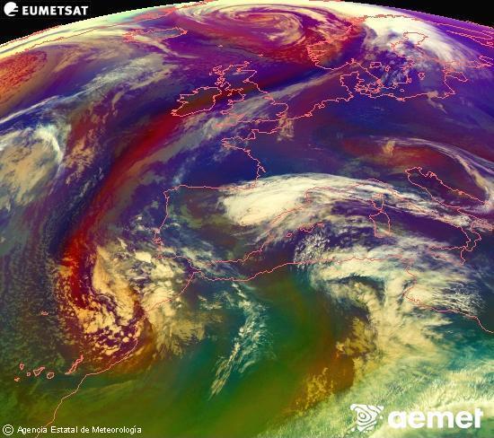 Composition RGB dans laquelle se m�langent diff�rents canaux du satellite Meteosat operational in 0�N 0�W, l'informaci�n des caract�ristiques sur les masses d'air et les nuages.&nbsp;mardi, 3 mars  2026 08:00