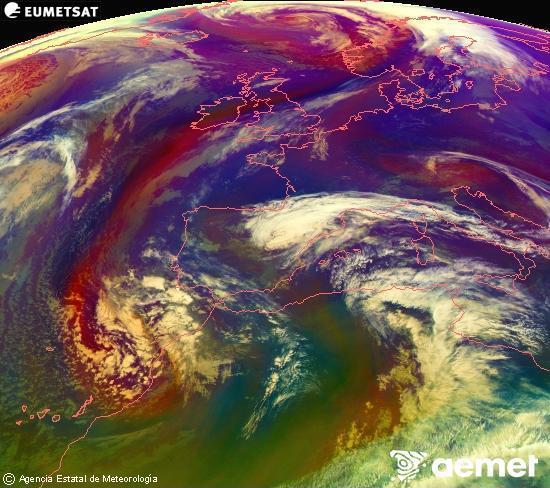 Composition RGB dans laquelle se m�langent diff�rents canaux du satellite Meteosat operational in 0�N 0�W, l'informaci�n des caract�ristiques sur les masses d'air et les nuages.&nbsp;mardi, 3 mars  2026 09:00