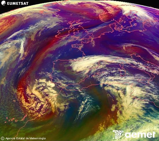 Composition RGB dans laquelle se m�langent diff�rents canaux du satellite Meteosat operational in 0�N 0�W, l'informaci�n des caract�ristiques sur les masses d'air et les nuages.&nbsp;mardi, 3 mars  2026 10:00