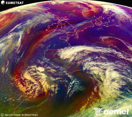 Composition RGB dans laquelle se m�langent diff�rents canaux du satellite Meteosat operational in 0�N 0�W, l'informaci�n des caract�ristiques sur les masses d'air et les nuages.&nbsp;mardi, 3 mars  2026 11:00