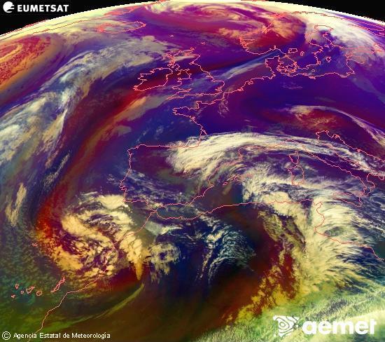 Composition RGB dans laquelle se m�langent diff�rents canaux du satellite Meteosat operational in 0�N 0�W, l'informaci�n des caract�ristiques sur les masses d'air et les nuages.&nbsp;mardi, 3 mars  2026 12:00