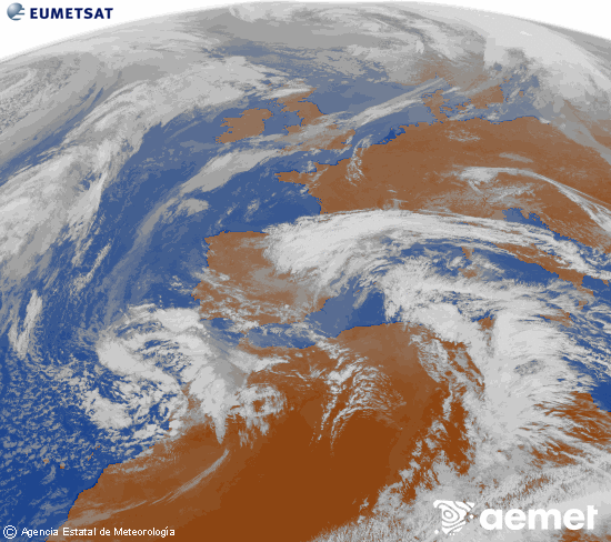 Imatge de la zona d'Europa i Nord d'�frica del canal infraroig del sat�l�lit Meteosat operacional en 0�N 0�W, processada per a donar-li color.&nbsp;dimarts, 3 de mar�  2026 12:00