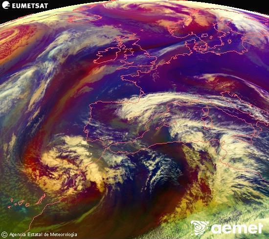 Composition RGB dans laquelle se m�langent diff�rents canaux du satellite Meteosat operational in 0�N 0�W, l'informaci�n des caract�ristiques sur les masses d'air et les nuages.&nbsp;mardi, 3 mars  2026 13:00
