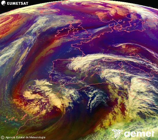 Composition RGB dans laquelle se m�langent diff�rents canaux du satellite Meteosat operational in 0�N 0�W, l'informaci�n des caract�ristiques sur les masses d'air et les nuages.&nbsp;mardi, 3 mars  2026 14:00