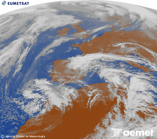 Imatge de la zona d'Europa i Nord d'�frica del canal infraroig del sat�l�lit Meteosat operacional en 0�N 0�W, processada per a donar-li color.&nbsp;dimarts, 3 de mar�  2026 14:00