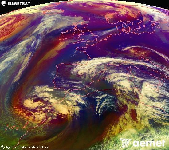 Composition RGB dans laquelle se m�langent diff�rents canaux du satellite Meteosat operational in 0�N 0�W, l'informaci�n des caract�ristiques sur les masses d'air et les nuages.&nbsp;mardi, 3 mars  2026 15:00