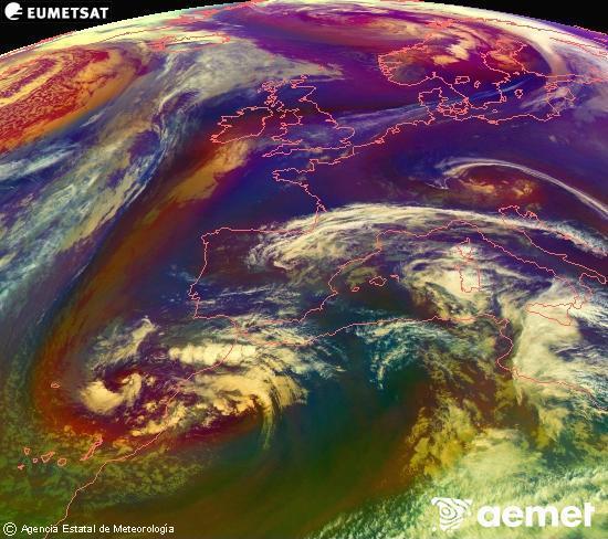 RGB-a Meteosat eragiketa-sateliteko hainbat kanal 0�W-a 0�N-ean, aire-masen eta hodeitzaren ezaugarrien erakusgarri izango dena.&nbsp;asteartea, 2026ko martxoak 03, ordua: 18:00
