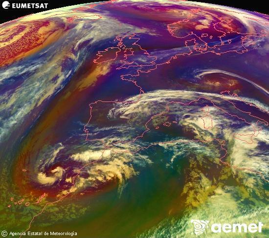 RGB-a Meteosat eragiketa-sateliteko hainbat kanal 0�W-a 0�N-ean, aire-masen eta hodeitzaren ezaugarrien erakusgarri izango dena.&nbsp;asteartea, 2026ko martxoak 03, ordua: 19:00