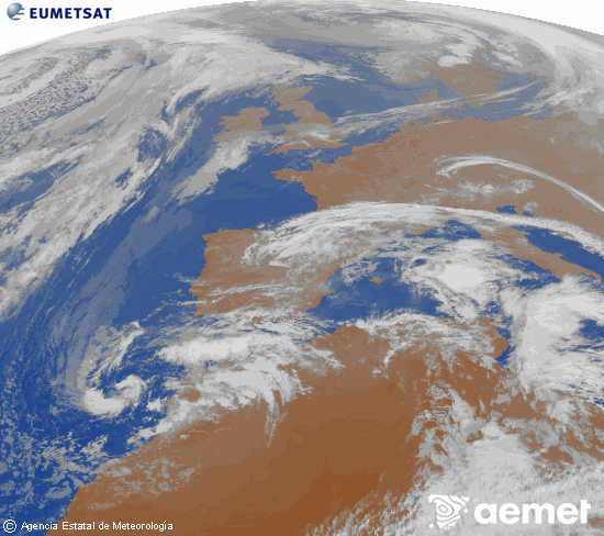 Imagen de la zona de Europa y Norte de �frica del canal infrarrojo del sat�lite Meteosat operacional en 0�N 0�W, procesada para darle color.&nbsp;mardi, 3 mars  2026 19:00