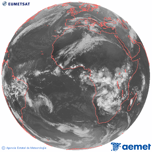 Imagen global del canal infrarrojo (10.8 &mu;m) del sat�lite Meteosat, perteneciente a la serie MSG (Meteosat Segunda Generaci�n) y situado en 0�N 0�E.&nbsp;mardi, 3 mars  2026 19:00