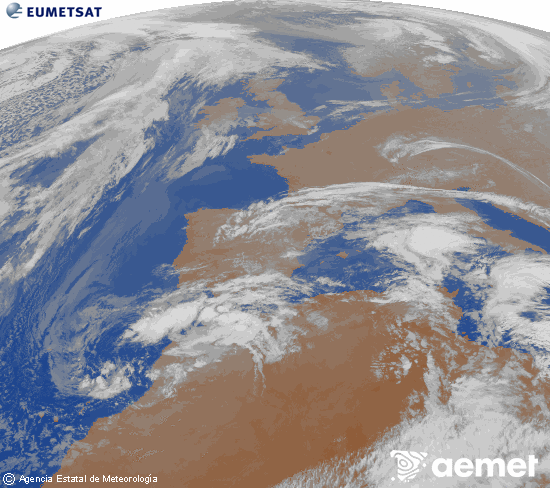 Imagen de la zona de Europa y Norte de �frica del canal infrarrojo del sat�lite Meteosat operacional en 0�N 0�W, procesada para darle color.&nbsp;dimarts, 3 de mar�  2026 22:00