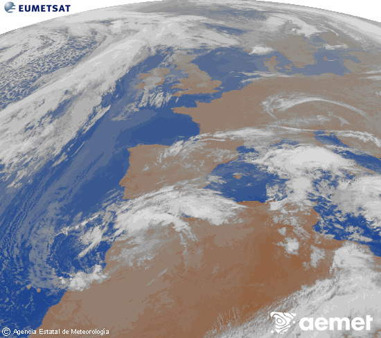 Imagen de la zona de Europa y Norte de �frica del canal infrarrojo del sat�lite Meteosat operacional en 0�N 0�W, procesada para darle color.&nbsp;dimecres, 4 de mar�  2026 02:00