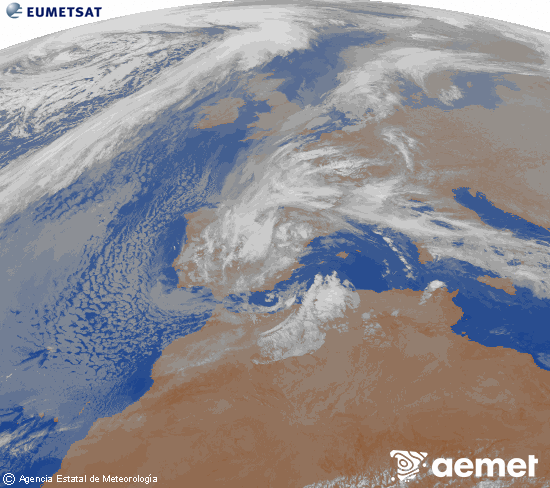 Imagen de la zona de Europa y Norte de �frica del canal infrarrojo del sat�lite Meteosat operacional en 0�N 0�W, procesada para darle color.&nbsp;s�bado, 07 marzo 2026 a las 01:00