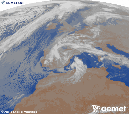 Imagen de la zona de Europa y Norte de �frica del canal infrarrojo del sat�lite Meteosat operacional en 0�N 0�W, procesada para darle color.&nbsp;dissabte, 7 de mar�  2026 05:00