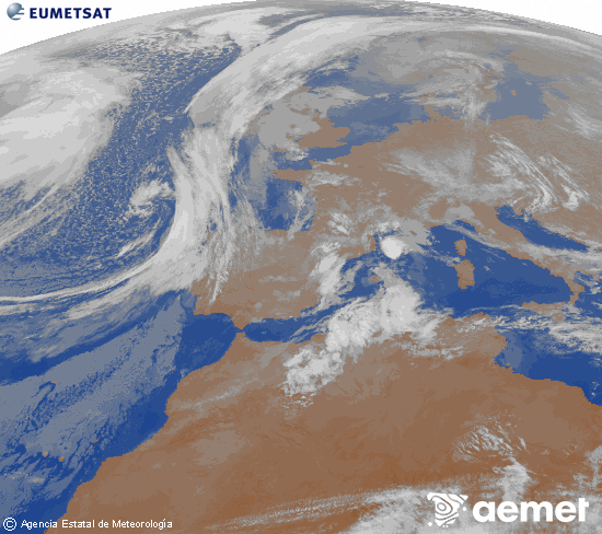 Imagen de la zona de Europa y Norte de �frica del canal infrarrojo del sat�lite Meteosat operacional en 0�N 0�W, procesada para darle color.&nbsp;lunes, 09 marzo 2026 a las 00:00
