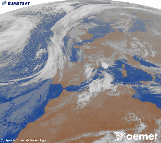 Imagen de la zona de Europa y Norte de �frica del canal infrarrojo del sat�lite Meteosat operacional en 0�N 0�W, procesada para darle color.&nbsp;lunes, 09 marzo 2026 a las 01:00