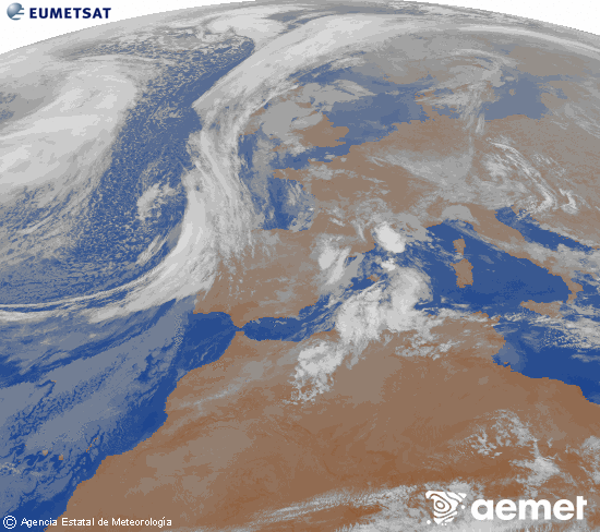 Imagen de la zona de Europa y Norte de �frica del canal infrarrojo del sat�lite Meteosat operacional en 0�N 0�W, procesada para darle color.&nbsp;lunes, 09 marzo 2026 a las 02:00