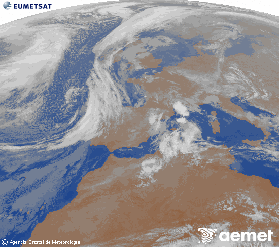 Imagen de la zona de Europa y Norte de �frica del canal infrarrojo del sat�lite Meteosat operacional en 0�N 0�W, procesada para darle color.&nbsp;lunes, 09 marzo 2026 a las 03:00