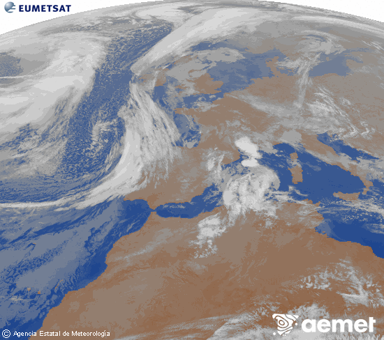 Imagen de la zona de Europa y Norte de �frica del canal infrarrojo del sat�lite Meteosat operacional en 0�N 0�W, procesada para darle color.&nbsp;lunes, 09 marzo 2026 a las 04:00