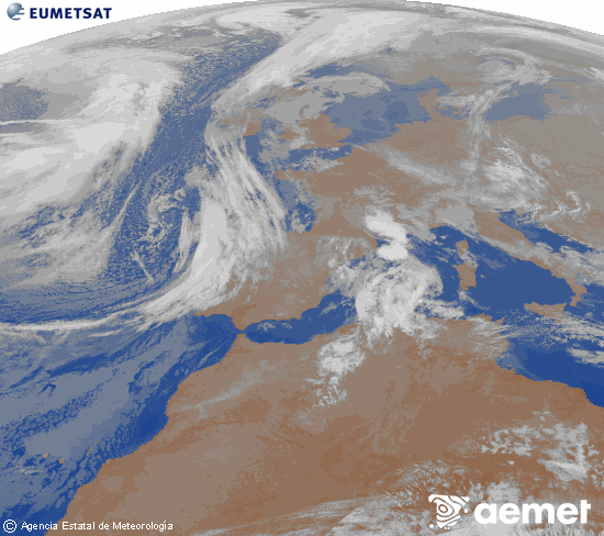 Imagen de la zona de Europa y Norte de �frica del canal infrarrojo del sat�lite Meteosat operacional en 0�N 0�W, procesada para darle color.&nbsp;lunes, 09 marzo 2026 a las 05:00
