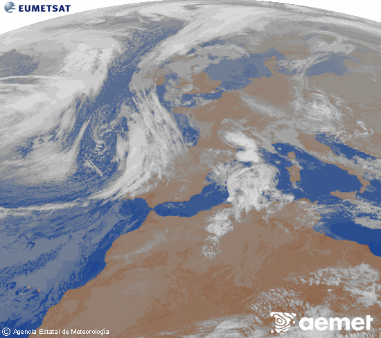 Imagen de la zona de Europa y Norte de �frica del canal infrarrojo del sat�lite Meteosat operacional en 0�N 0�W, procesada para darle color.&nbsp;lunes, 09 marzo 2026 a las 06:00