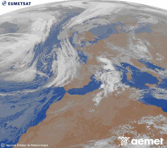 Imagen de la zona de Europa y Norte de �frica del canal infrarrojo del sat�lite Meteosat operacional en 0�N 0�W, procesada para darle color.&nbsp;lunes, 09 marzo 2026 a las 07:00