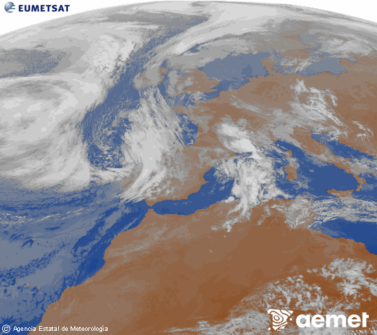 Imagen de la zona de Europa y Norte de �frica del canal infrarrojo del sat�lite Meteosat operacional en 0�N 0�W, procesada para darle color.&nbsp;lunes, 09 marzo 2026 a las 09:00