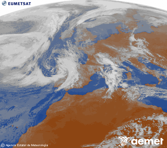 Imagen de la zona de Europa y Norte de �frica del canal infrarrojo del sat�lite Meteosat operacional en 0�N 0�W, procesada para darle color.&nbsp;lunes, 09 marzo 2026 a las 11:00