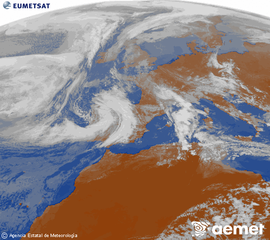 Imagen de la zona de Europa y Norte de �frica del canal infrarrojo del sat�lite Meteosat operacional en 0�N 0�W, procesada para darle color.&nbsp;lunes, 09 marzo 2026 a las 13:00