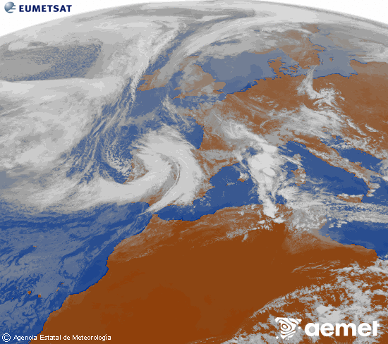 Imagen de la zona de Europa y Norte de �frica del canal infrarrojo del sat�lite Meteosat operacional en 0�N 0�W, procesada para darle color.&nbsp;lunes, 09 marzo 2026 a las 14:00