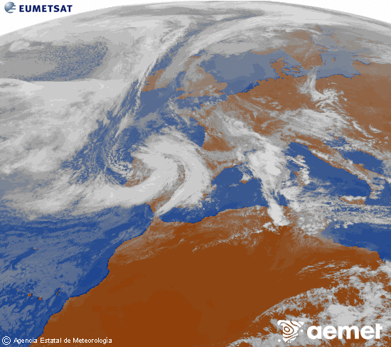 Imagen de la zona de Europa y Norte de �frica del canal infrarrojo del sat�lite Meteosat operacional en 0�N 0�W, procesada para darle color.&nbsp;lunes, 09 marzo 2026 a las 15:00