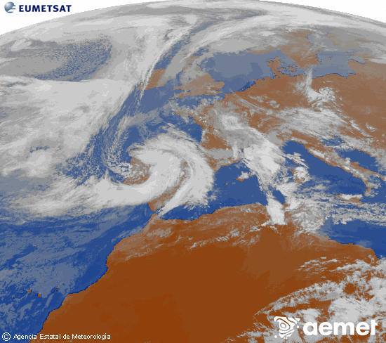Imagen de la zona de Europa y Norte de �frica del canal infrarrojo del sat�lite Meteosat operacional en 0�N 0�W, procesada para darle color.&nbsp;lunes, 09 marzo 2026 a las 16:00