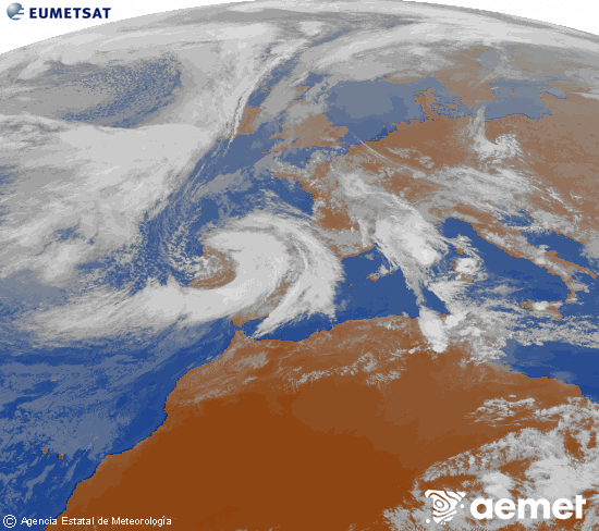 Imagen de la zona de Europa y Norte de �frica del canal infrarrojo del sat�lite Meteosat operacional en 0�N 0�W, procesada para darle color.&nbsp;lunes, 09 marzo 2026 a las 17:00