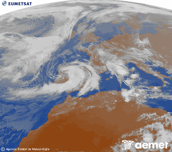 Imagen de la zona de Europa y Norte de �frica del canal infrarrojo del sat�lite Meteosat operacional en 0�N 0�W, procesada para darle color.&nbsp;lunes, 09 marzo 2026 a las 18:00