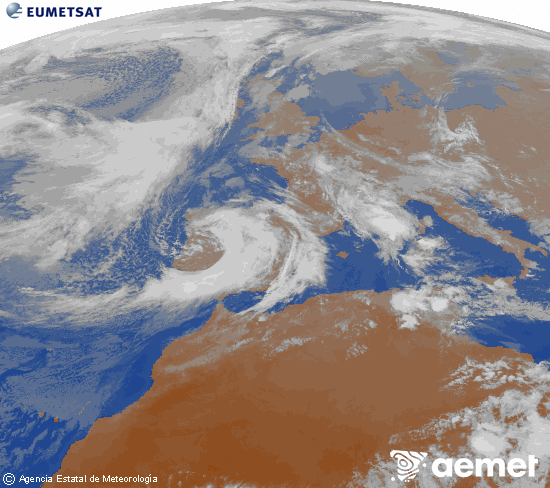 Imagen de la zona de Europa y Norte de �frica del canal infrarrojo del sat�lite Meteosat operacional en 0�N 0�W, procesada para darle color.&nbsp;lunes, 09 marzo 2026 a las 19:00
