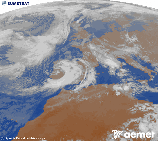 Imagen de la zona de Europa y Norte de �frica del canal infrarrojo del sat�lite Meteosat operacional en 0�N 0�W, procesada para darle color.&nbsp;lunes, 09 marzo 2026 a las 20:00