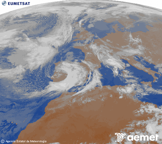 Imagen de la zona de Europa y Norte de �frica del canal infrarrojo del sat�lite Meteosat operacional en 0�N 0�W, procesada para darle color.&nbsp;lunes, 09 marzo 2026 a las 21:00