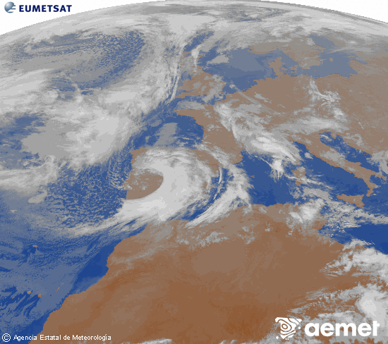 Imagen de la zona de Europa y Norte de �frica del canal infrarrojo del sat�lite Meteosat operacional en 0�N 0�W, procesada para darle color.&nbsp;lunes, 09 marzo 2026 a las 22:00