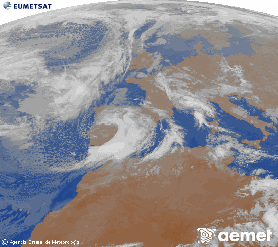 Imagen de la zona de Europa y Norte de �frica del canal infrarrojo del sat�lite Meteosat operacional en 0�N 0�W, procesada para darle color.&nbsp;lunes, 09 marzo 2026 a las 23:00