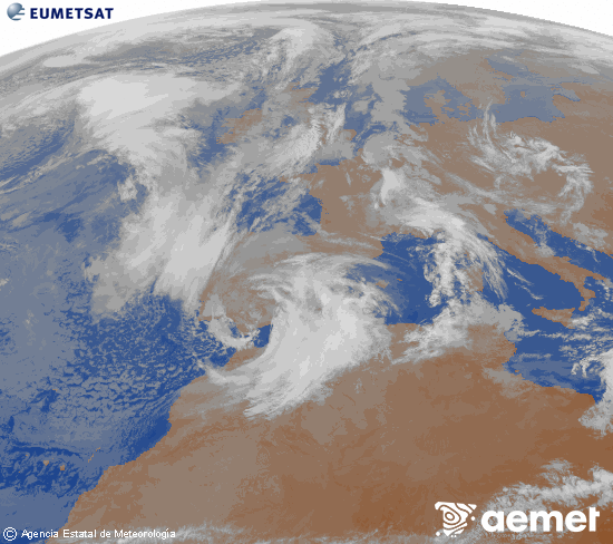 Imagen de la zona de Europa y Norte de �frica del canal infrarrojo del sat�lite Meteosat operacional en 0�N 0�W, procesada para darle color.&nbsp;dimarts, 10 de mar�  2026 08:00