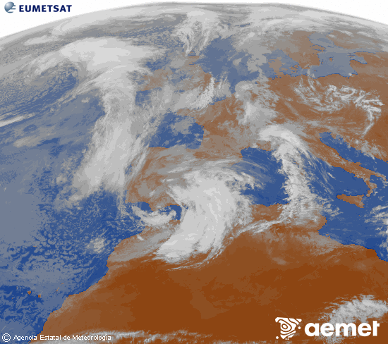 Imagen de la zona de Europa y Norte de �frica del canal infrarrojo del sat�lite Meteosat operacional en 0�N 0�W, procesada para darle color.&nbsp;dimarts, 10 de mar�  2026 11:00